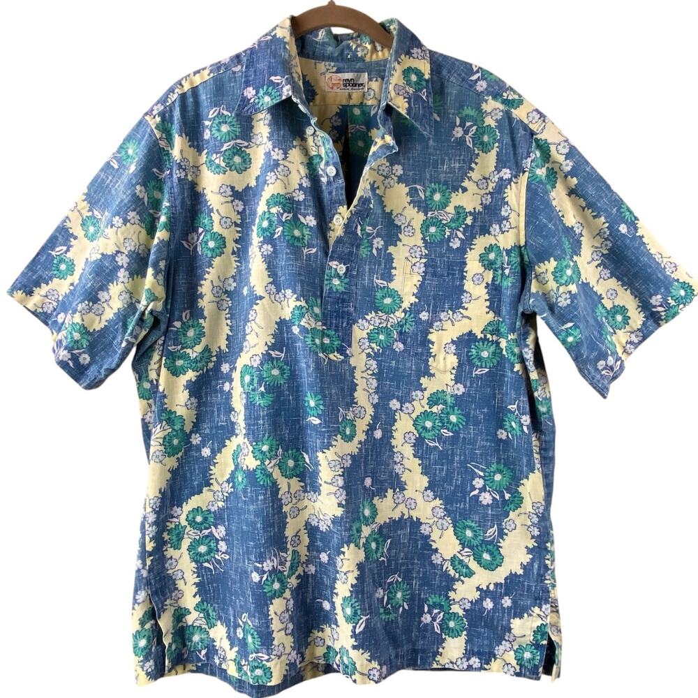 Reyn Spooner Pop Over Hawaiian Shirt Size XL Blue Floral Tropical Beach Resort